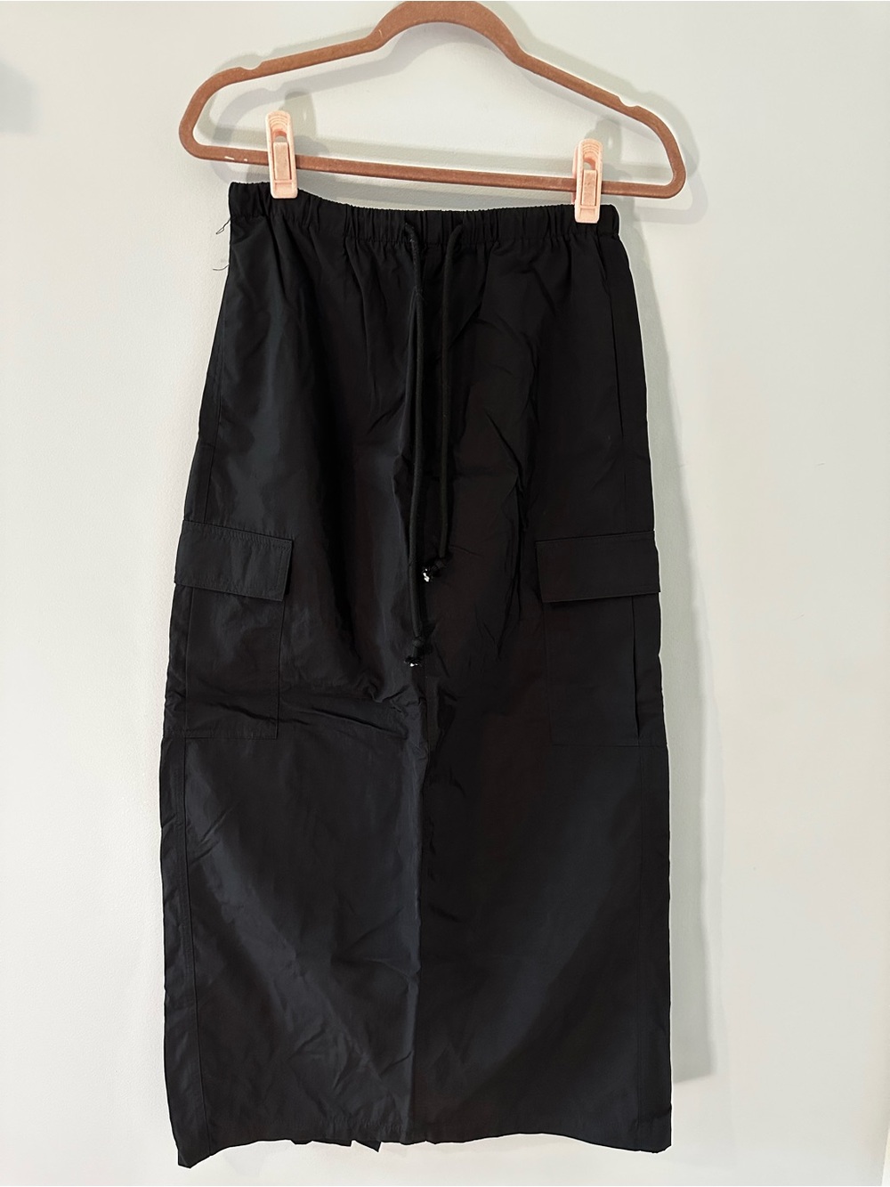 Black Maxi Parachute Cargo Skirt with Drawstring Waist